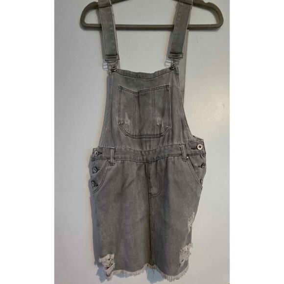 POL Gray Distressed Denim Overall Skirt Jumper Dress Small Frayed Hem Casual - Picture 2 of 12